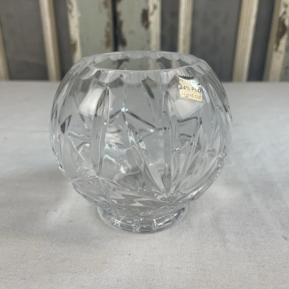 24% Lead Crystal Cut Rose Bowl Vase Made In Poland